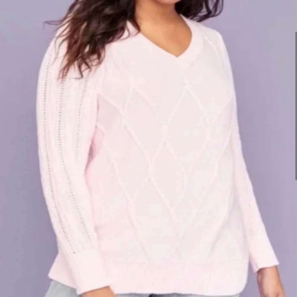 NWT 18/20 LANE BRYANT cable knit pink V neck cotton classic plus size sweater - Picture 2 of 9